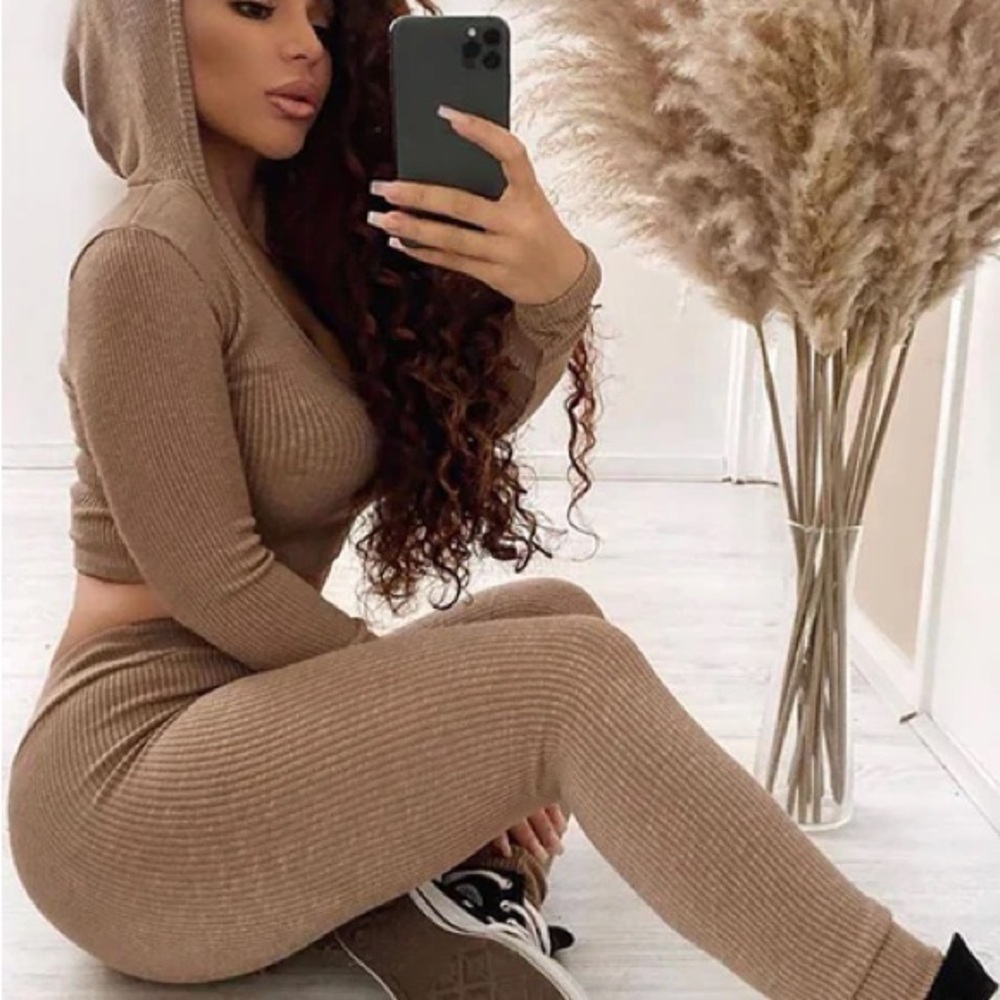 Fashion Nova Brown Ribbed Knit Hoodie and Leggings Set